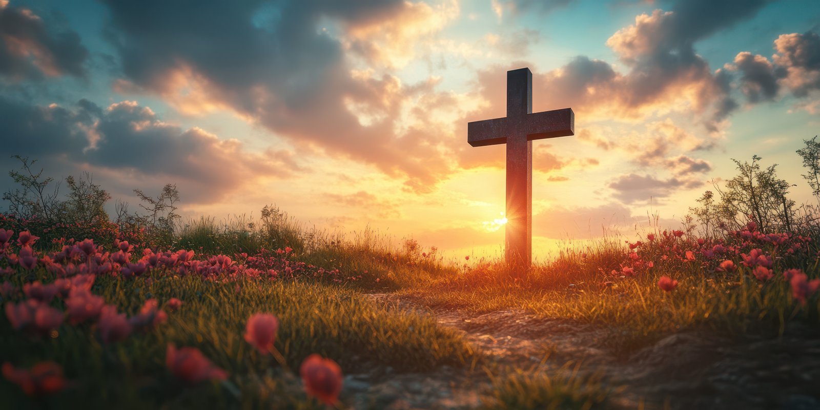 Beautiful sunset behind a cross surrounded by blooming flowers in a tranquil landscape